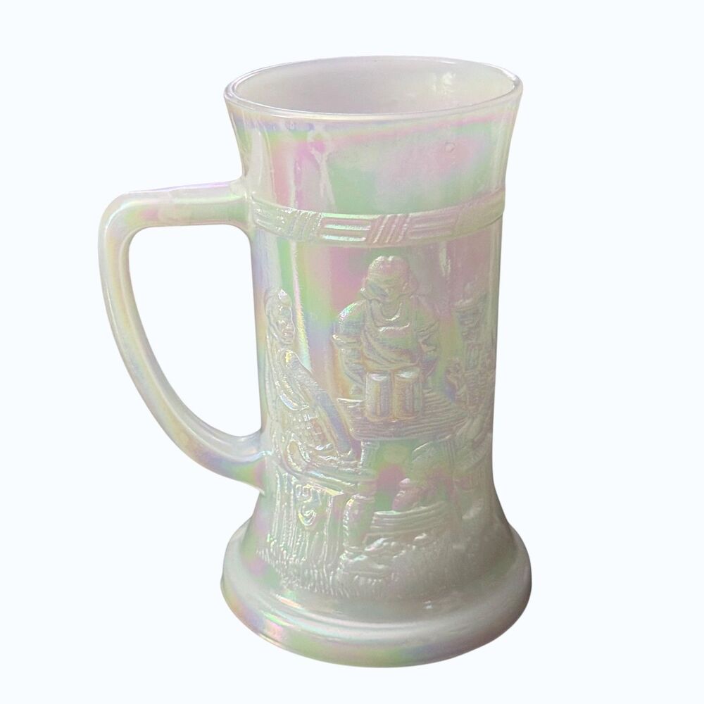 Vintage Iridescent Milk Glass Beer Stein With Opalescent Rainbow-like Finish